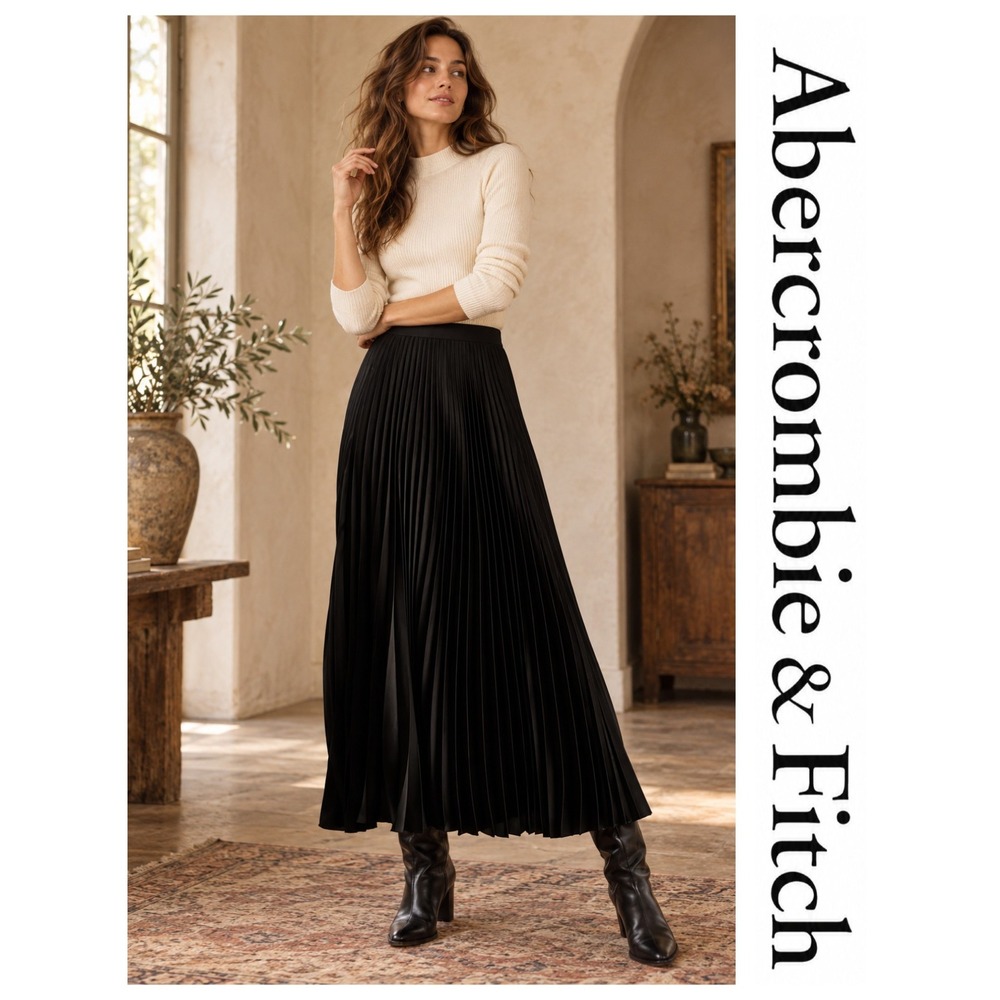 Abercrombie & Fitch Black Pleated Satin Midi Skirt Career Capsule Minimalist XS